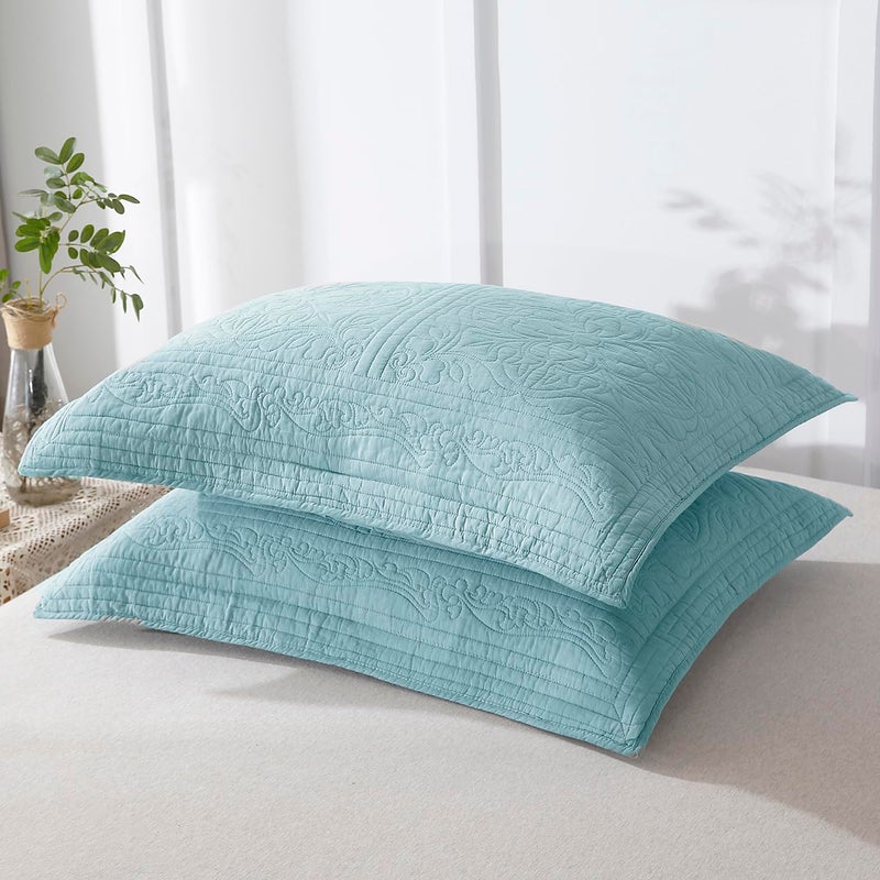WINLIFE 100% Cotton Quilted Pillow Sham Floral Printed Pillow Cover (Standard, Aqua Blue) - Image 2